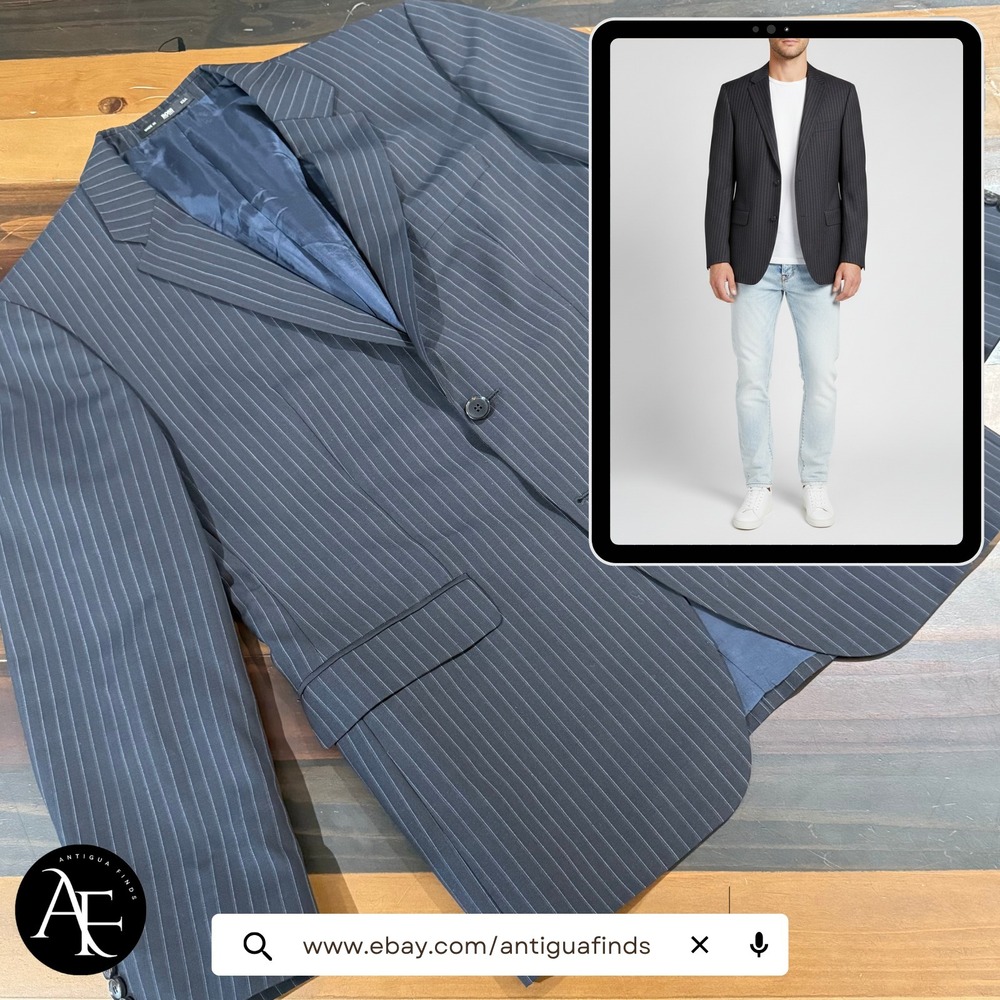 HUGO BOSS Men's Suit Coat Blue Pin-Striped Wool Blazer Sport Coat USA‎ Size 42R